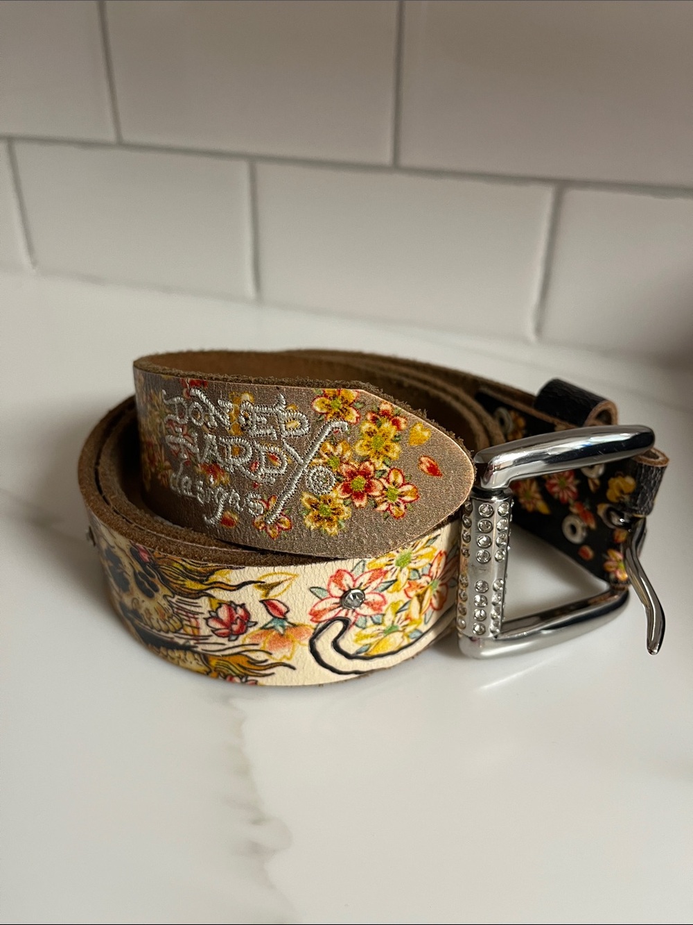 Vintage Ed Hardy Leather Belt with Rhinestone Buckle by Christian Audigier
